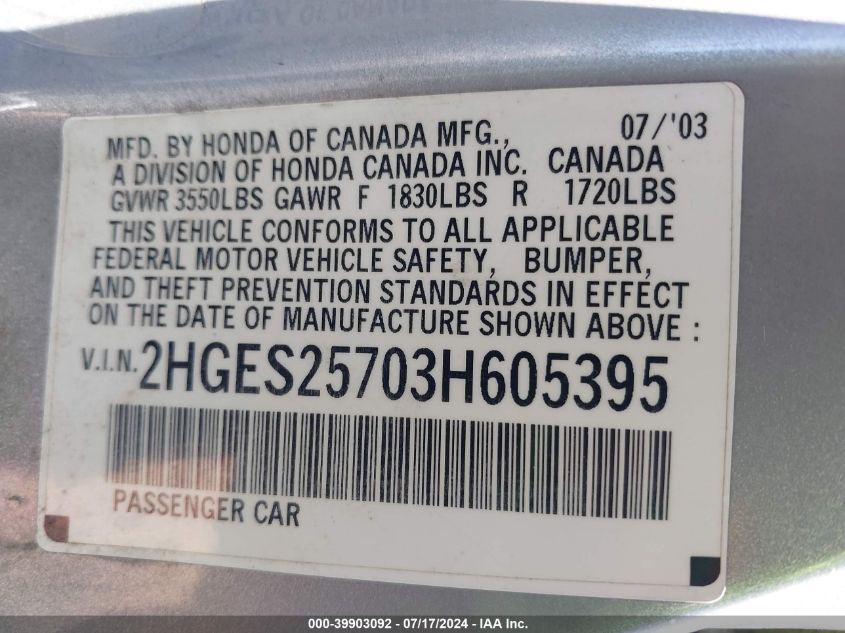 2003 Honda Civic Ex VIN: 2HGES25703H605395 Lot: 39903092