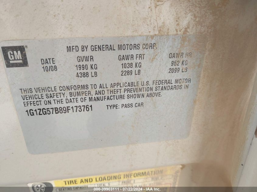 2009 Chevrolet Malibu Ls VIN: 1G1ZG57B89F173761 Lot: 39903111