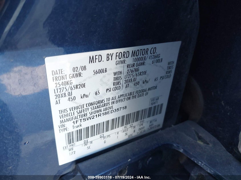 2008 Ford F-250 Fx4/Harley-Davidson/King Ranch/Lariat/Xl/Xlt VIN: 1FTSW21R18ED35718 Lot: 39903116