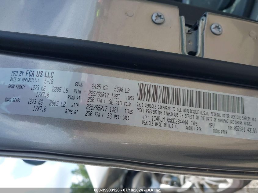 2019 Jeep Cherokee Latitude Plus 4X4 VIN: 1C4PJMLXXKD234444 Lot: 39903128