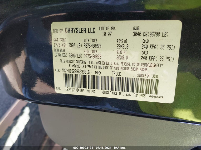 2008 Dodge Ram 1500 Slt VIN: 1D7HU18228S533816 Lot: 39903134