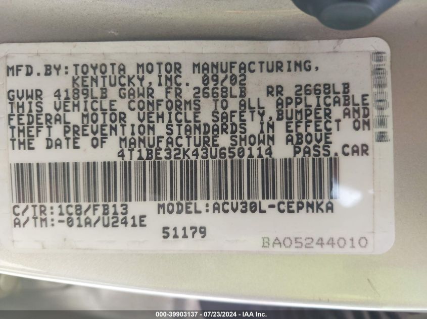 2003 Toyota Camry Le VIN: 4T1BE32K43U650114 Lot: 39903137