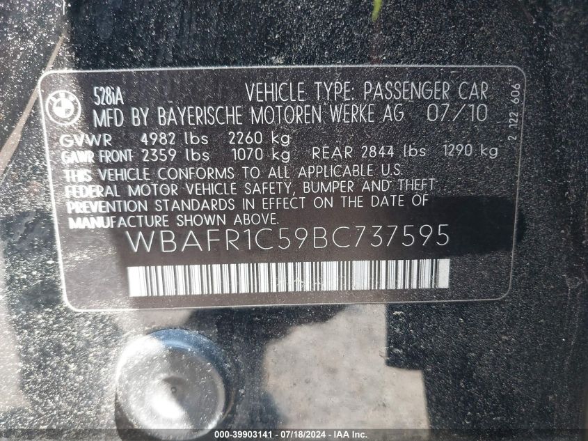 2011 BMW 528I VIN: WBAFR1C59BC737595 Lot: 39903141