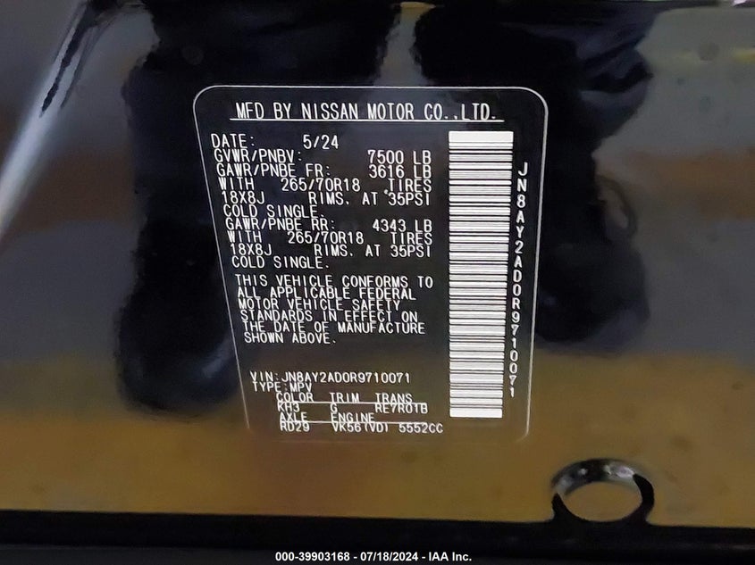 2024 Nissan Armada Sv VIN: JN8AY2AD0R9710071 Lot: 39903168