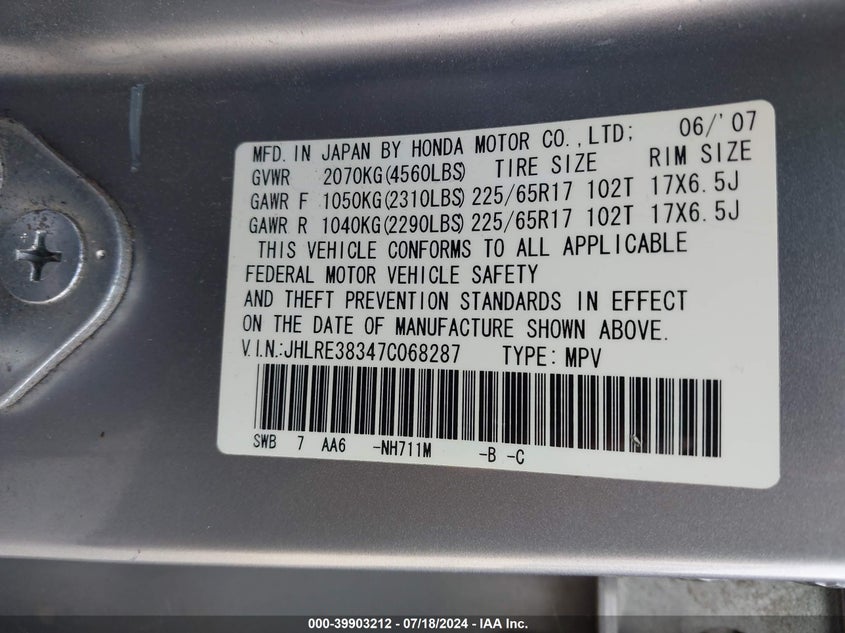 2007 Honda Cr-V Lx VIN: JHLRE38347C068287 Lot: 39903212
