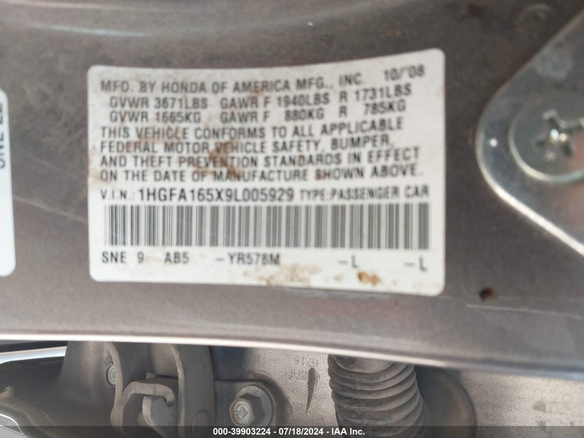 2009 Honda Civic Lx VIN: 1HGFA165X9L005929 Lot: 39903224