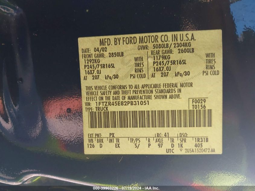 2002 Ford Ranger Super Cab VIN: 1FTZR45E82PB31051 Lot: 39903226