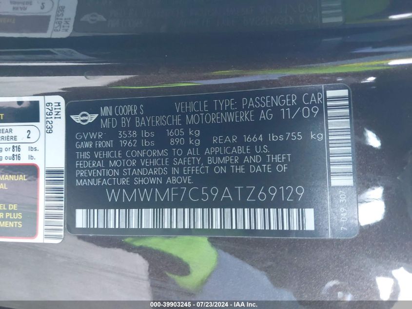2010 Mini Cooper S VIN: WMWMF7C59ATZ69129 Lot: 39903245