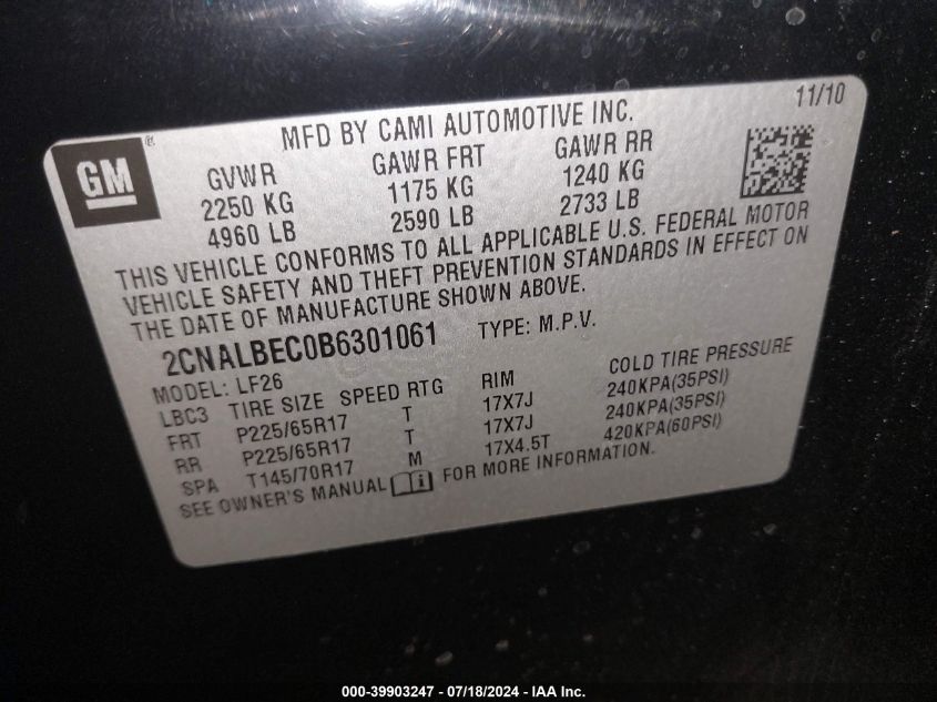 2CNALBEC0B6301061 2011 Chevrolet Equinox Ls