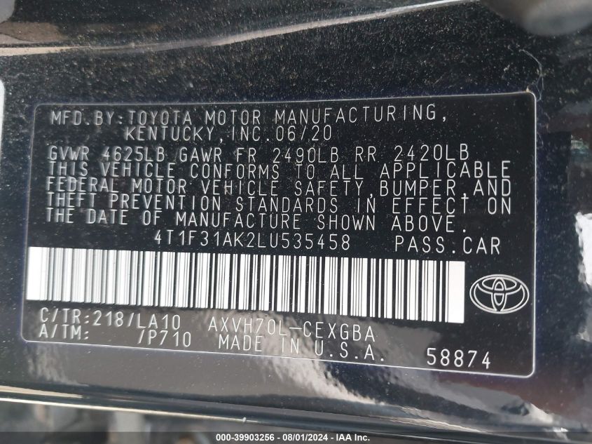 2020 Toyota Camry Xle Hybrid VIN: 4T1F31AK2LU535458 Lot: 39903256