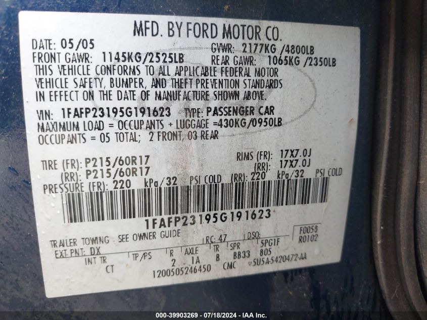 2005 Ford Five Hundred Se VIN: 1FAFP23195G191623 Lot: 39903269