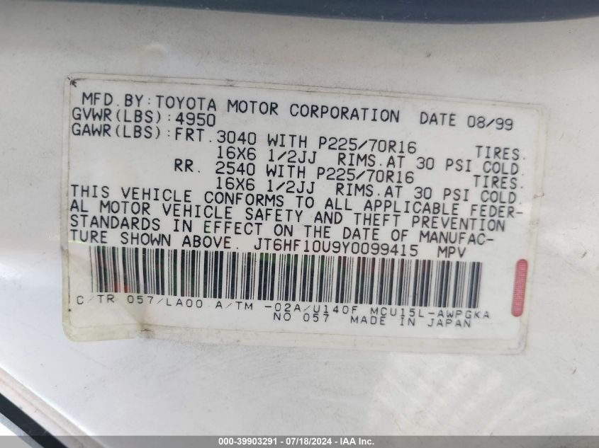 2000 Lexus Rx 300 VIN: JT6HF10U9Y0099415 Lot: 39903291