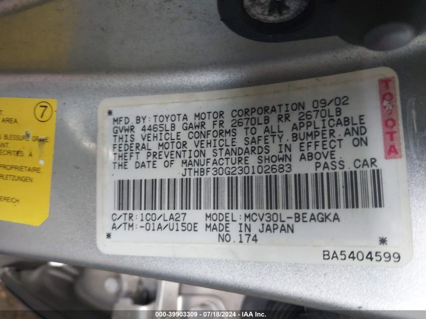 2003 Lexus Es 300 VIN: JTHBF30G230102683 Lot: 39903309