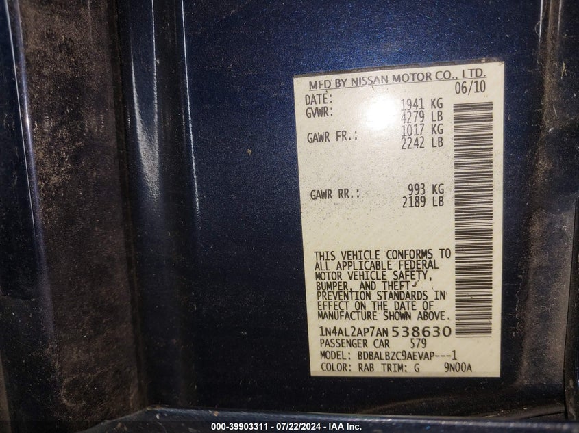 2010 Nissan Altima 2.5 S VIN: 1N4AL2AP7AN538630 Lot: 39903311