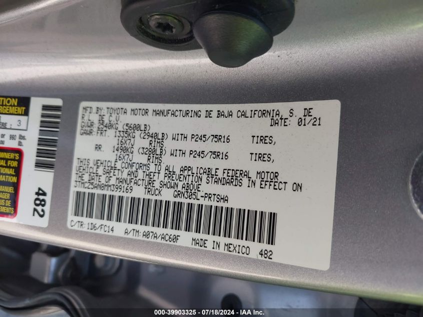 2021 Toyota Tacoma Sr5 V6 VIN: 3TMCZ5AN8MM399169 Lot: 39903325