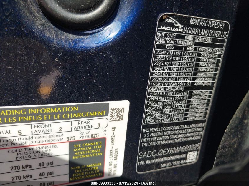 2021 Jaguar F-Pace S P250 Awd Automatic VIN: SADCJ2EX6MA669325 Lot: 39903333