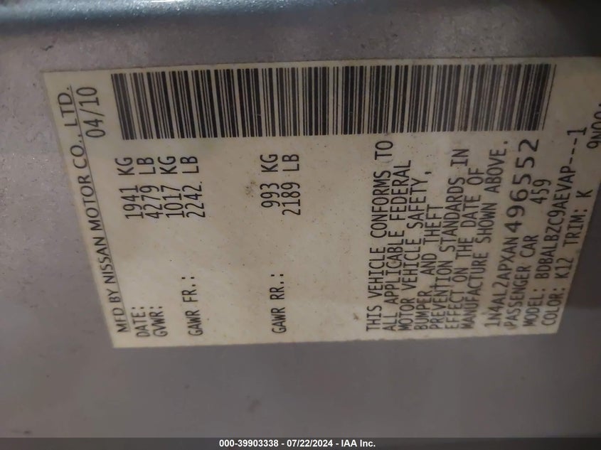 2010 Nissan Altima 2.5 S VIN: 1N4AL2APXAN496552 Lot: 39903338