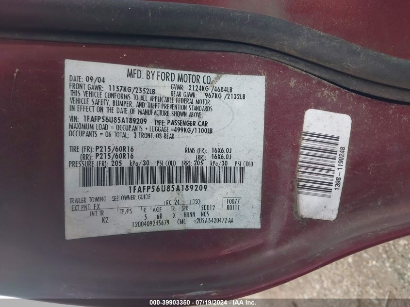 2005 Ford Taurus Sel VIN: 1FAFP56U85A189209 Lot: 39903350