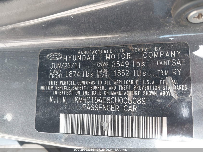 2012 Hyundai Accent Gs VIN: KMHCT5AE8CU008089 Lot: 39903356