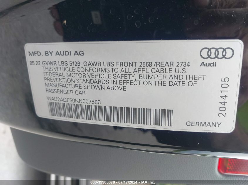 2022 Audi A5 Cabriolet Premium 45 Tfsi Quattro S Tronic VIN: WAU2AGF50NN007586 Lot: 39903378