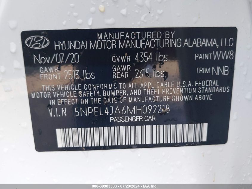 2021 Hyundai Sonata Sel VIN: 5NPEL4JA6MH092218 Lot: 39903383