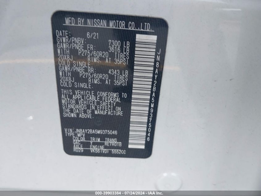 2021 Nissan Armada Sl VIN: JN8AY2BA5M9375046 Lot: 39903384