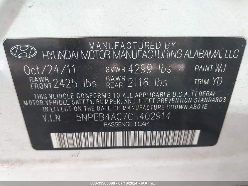 2012 Hyundai Sonata Gls VIN: 5NPEB4AC7CH402914 Lot: 39903388