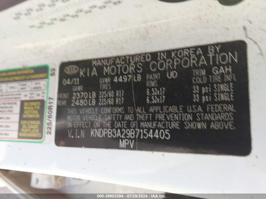 2011 Kia Sportage Lx VIN: KNDPB3A29B7154405 Lot: 39903394
