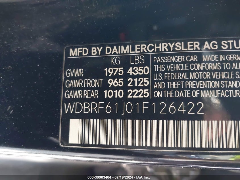 2001 Mercedes-Benz C 240 VIN: WDBRF61J01F126422 Lot: 39903404