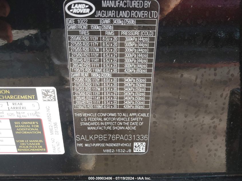 2023 Land Rover Range Rover P530 Se VIN: SALKPBE76PA031336 Lot: 39903406
