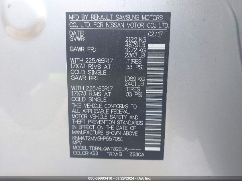 VIN KNMAT2MV5HP557051 2017 NISSAN ROGUE SV