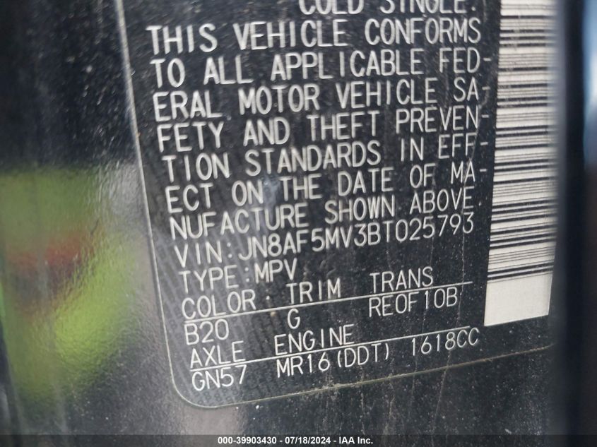 2011 Nissan Juke Sv VIN: JN8AF5MV3BT025793 Lot: 39903430