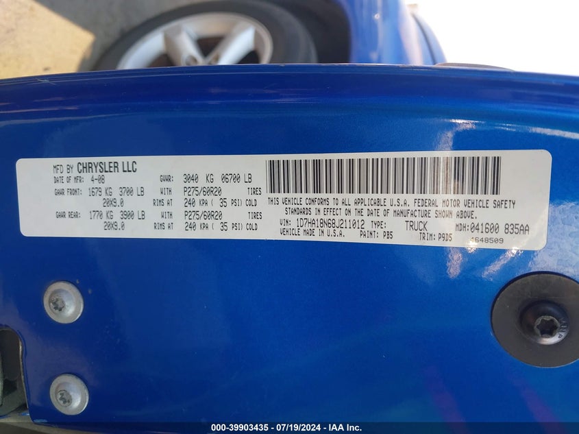 2008 Dodge Ram 1500 Slt VIN: 1D7HA18N68J211012 Lot: 39903435