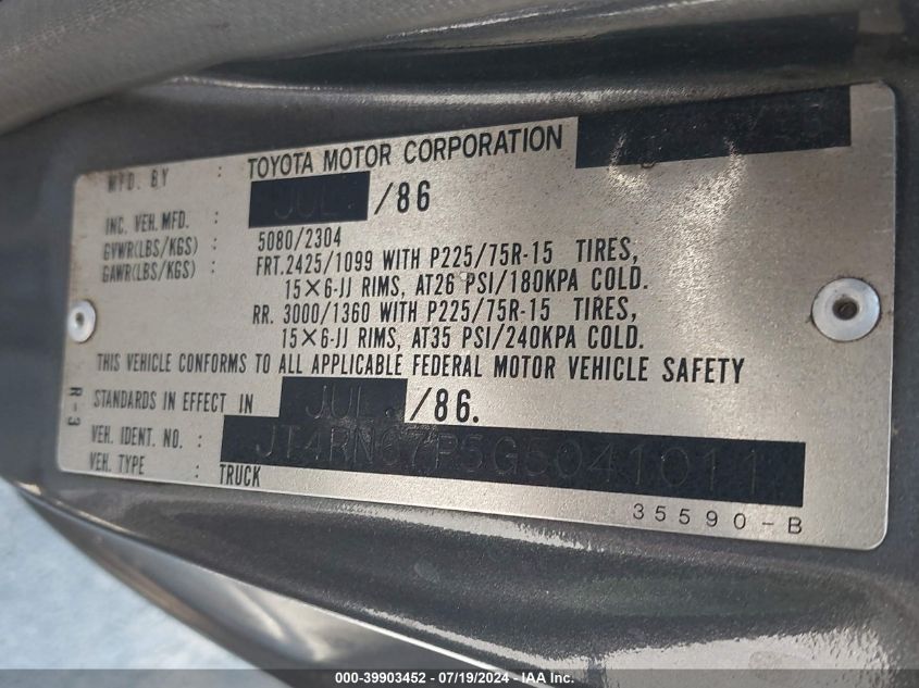 1986 Toyota Pickup Xtracab Rn67 Dlx VIN: JT4RN67P5G5041011 Lot: 39903452