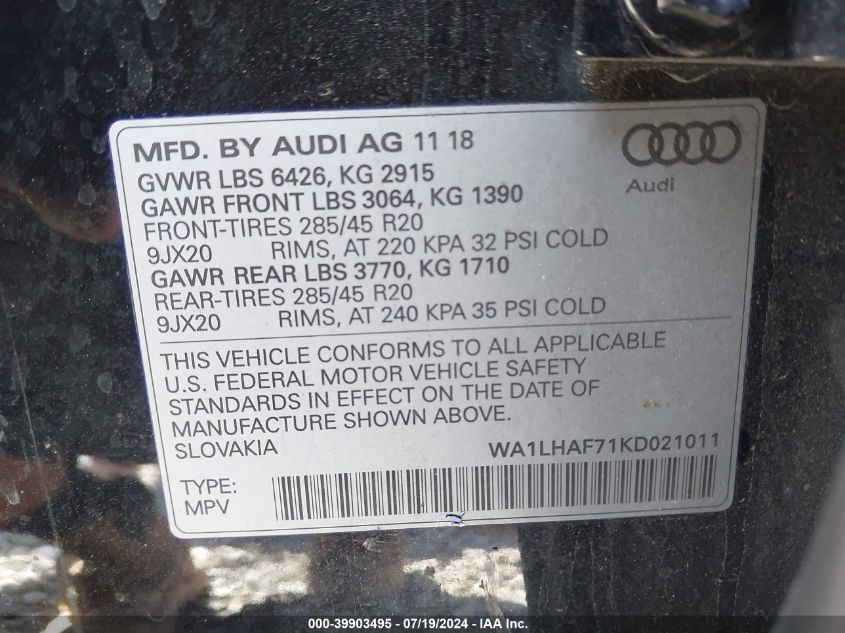 2019 Audi Q7 Premium Plus/Se Premium Plus VIN: WA1LHAF71KD021011 Lot: 39903495