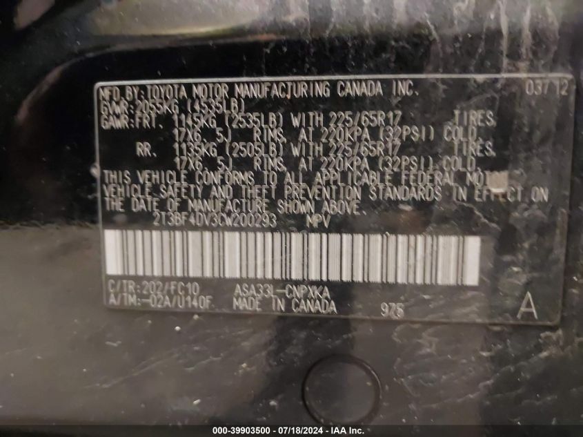 2012 Toyota Rav4 VIN: 2T3BF4DV3CW200293 Lot: 39903500