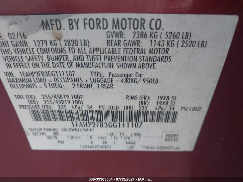 1FAHP2F8GG111107 2016 Ford Taurus Limited