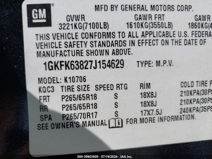 2007 GMC Yukon Denali VIN: 1GKFK63827J154629 Lot: 39903509