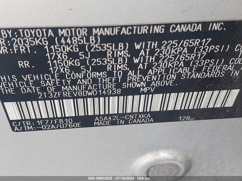 2013 TOYOTA RAV4 LE - 2T3ZFREV8DW014938