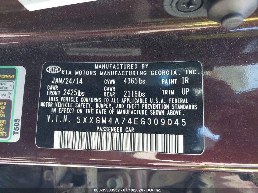 2014 Kia Optima Lx VIN: 5XXGM4A74EG309045 Lot: 39903532