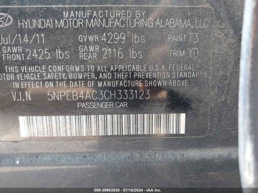 2012 Hyundai Sonata Gls VIN: 5NPEB4AC3CH333123 Lot: 39903538