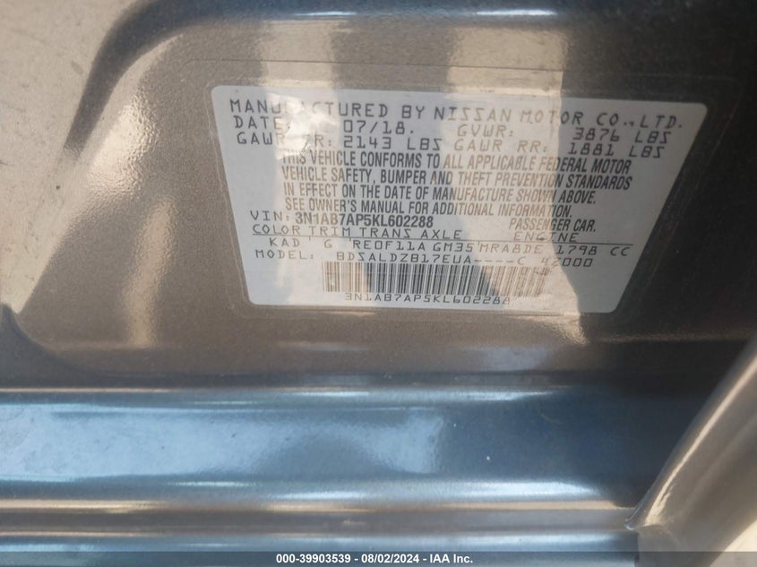 2019 Nissan Sentra Sv VIN: 3N1AB7AP5KL602288 Lot: 39903539