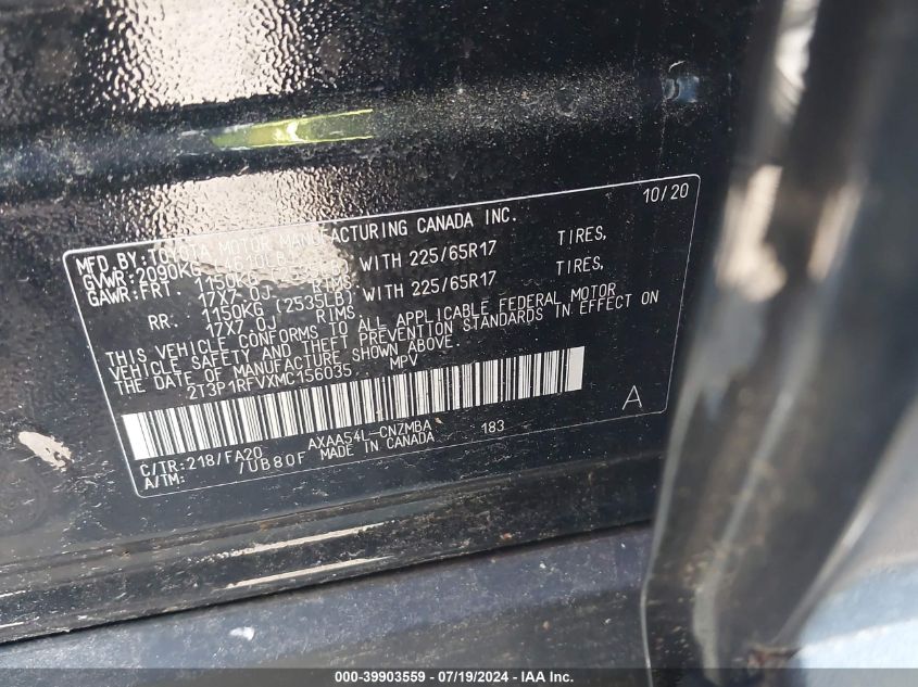 2021 Toyota Rav4 Xle VIN: 2T3P1RFVXMC156035 Lot: 39903559