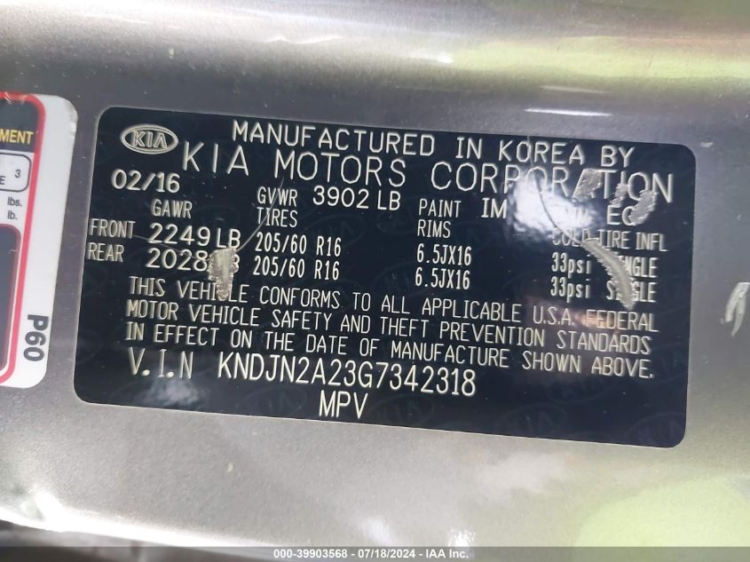 2016 Kia Soul VIN: KNDJN2A23G7342318 Lot: 39903568