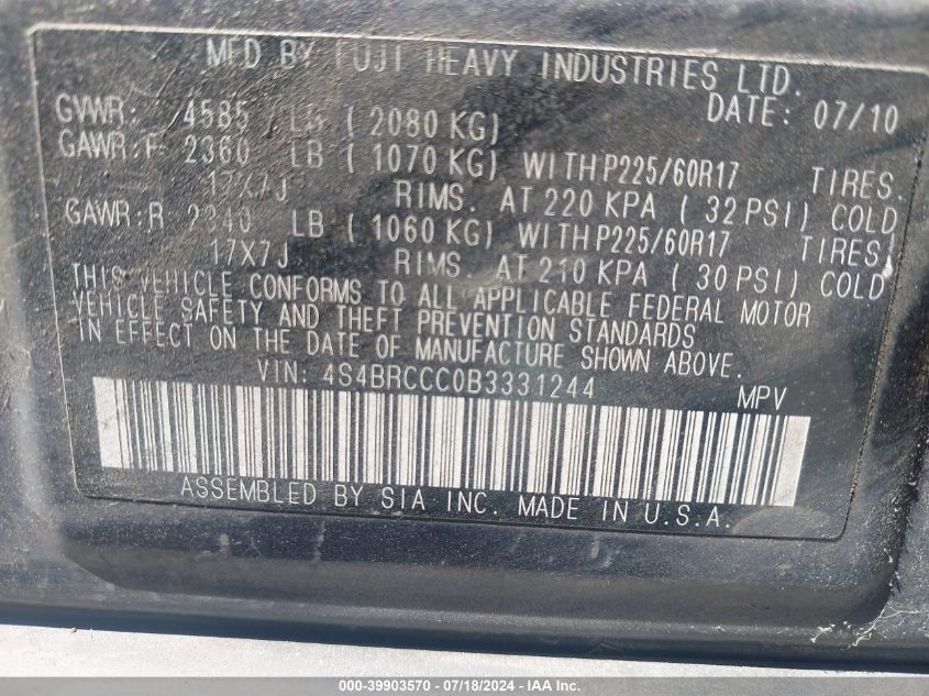 2011 Subaru Outback 2.5I Premium VIN: 4S4BRCCC0B3331244 Lot: 39903570