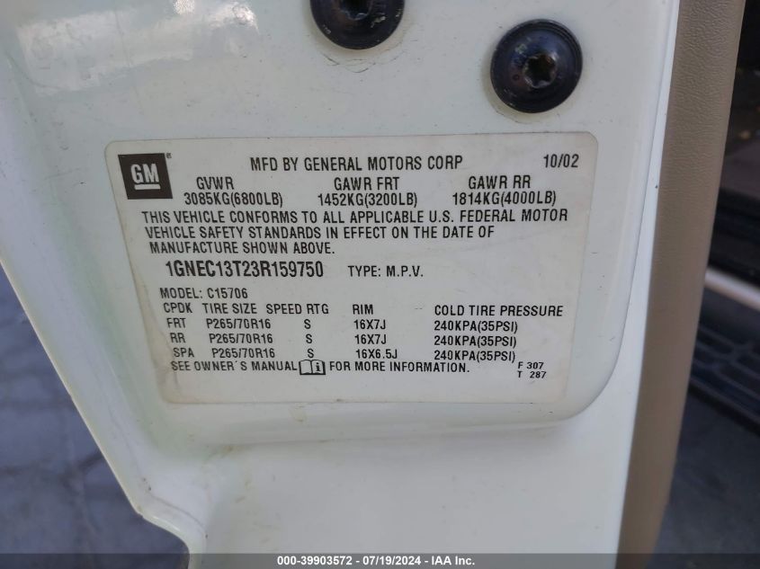 2003 Chevrolet Tahoe C1500 VIN: 1GNEC13T23R159750 Lot: 39903572
