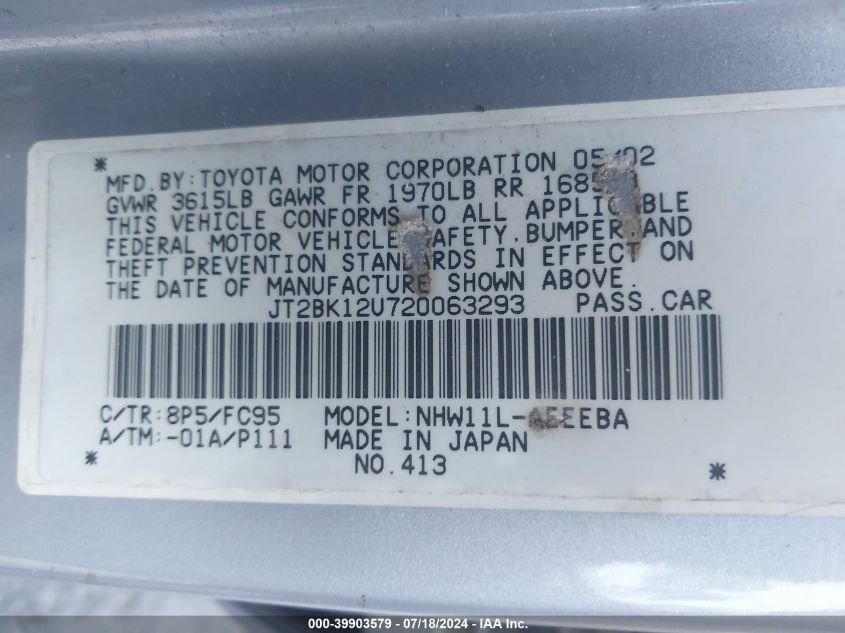 2002 Toyota Prius VIN: JT2BK12U720063293 Lot: 39903579