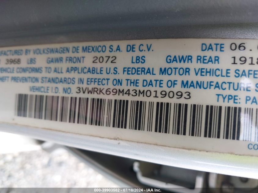 2003 Volkswagen Jetta Gl VIN: 3VWRK69M43M019093 Lot: 39903582