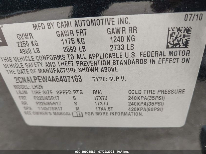 2010 Chevrolet Equinox Lt VIN: 2CNALPEW4A6407163 Lot: 39903587