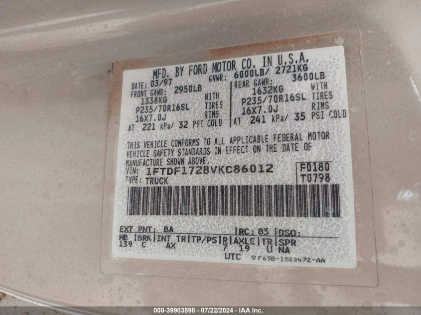 1997 Ford F-150 Standard/Xl/Xlt VIN: 1FTDF1728VKC86012 Lot: 39903598